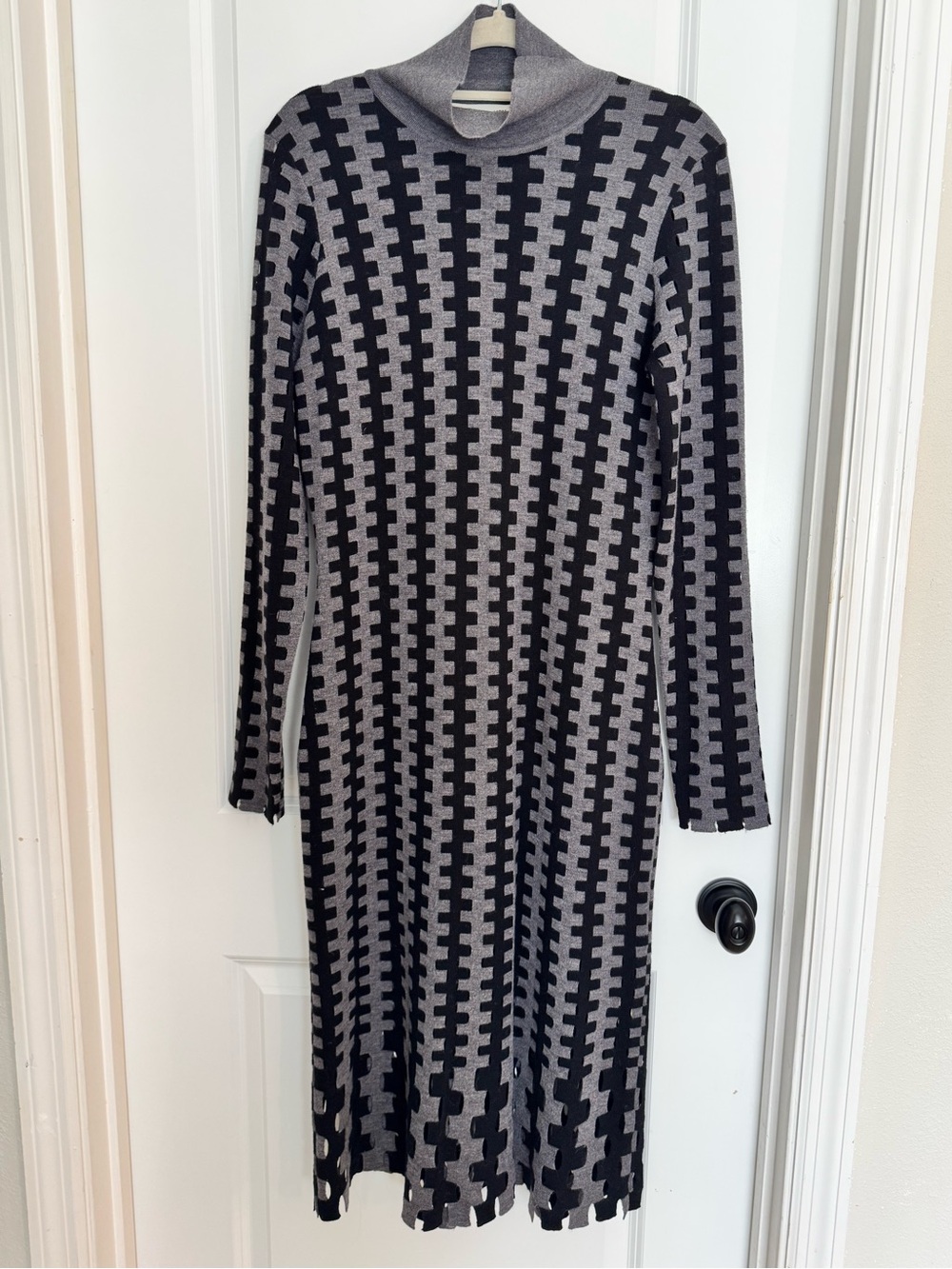 Diane Von Furstenberg Black and Gray Long-Sleeve Turtleneck Knit Dress
